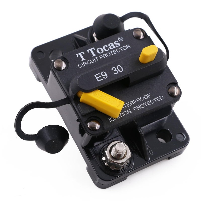T Tocas E9 30 Amp Circuit Breaker with Manual Reset | 12V - 72V DC | Waterproof IP67 Protection Switchable 30A Surface Mount - Image 1